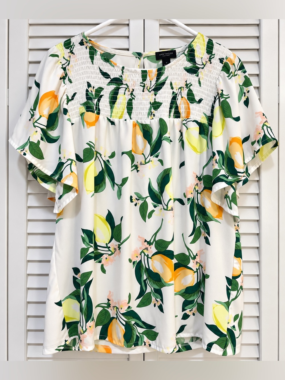 Ann Taylor Lemon Europe France Print Smocked Flutter Sleeve Blouse M